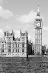Big Ben clock in London UK. Black and white retro style London landmarks.
