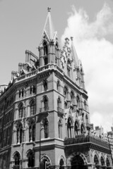 London St Pancras. Black and white retro style London landmarks.