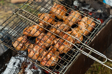 Closeup of grill grate with beef meat on a brazier with flaming charcoal
