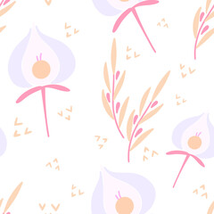 Flowers and leaf seamless pattern. Scandinavian style background. Vector illustration for fabric design, gift paper, baby clothes, textiles, cards