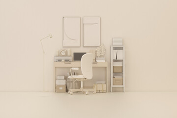 Pastel beige monochrome minimal office table desk. Minimal idea concept for study desk and workspace. Mockup template, 3d rendering
