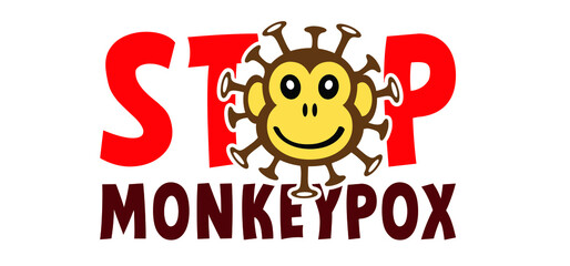 Cartoon monkey virus or monkeypox. Stop the virus belongs to the genus Orthopoxvirus in the family Poxviridae. infectious disease. Ape face with yellow banana. Vector monkey pox symbol or icon.