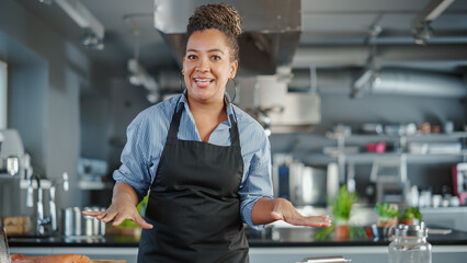 TV Cooking Show Restaurant Kitchen: Black Female Chef Talks, Teaches How to Cook Food. Online Video...
