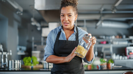 TV Cooking Show Restaurant Kitchen: Black Female Chef Talks, Teaches How to Cook Food. Online Video Class, Streaming Service, e-Learning Video Course. Healthy Traditional Dish Recipe Preparation