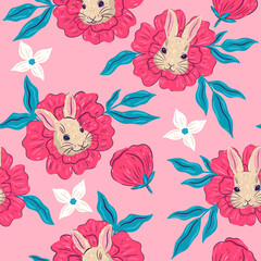 Seamless pattern with rabbit faces and flowers. Vector graphics.