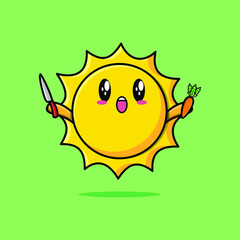 Cute cartoon sun character holding knife and carrot in modern style design 