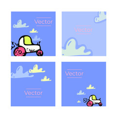 Tractor in the clouds sketch set of vector illustrations. Harvest season, cloudy weather hand drawn square background. Agricultural media banner