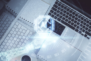 Multi exposure of data theme drawing hologram over topview work desk background with computer. Concept of technology.