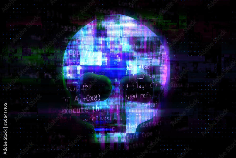 Canvas Prints human skull on glitched screen background. computer virus, hacker or malware software, phishing atta