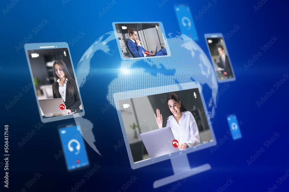 Poster creative globe map with computer screens and creative video conference call between attractive young