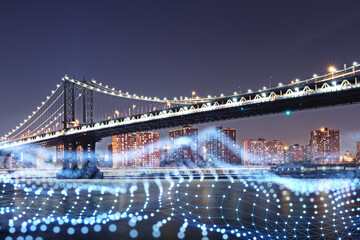 Fototapeta premium Modern city background with abstract polygonal wave waterfront mesh at night. Double exposure.