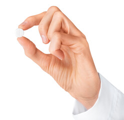 Human hand holding white pill isolated on white background. Pharmacy, pharmacology, medicine