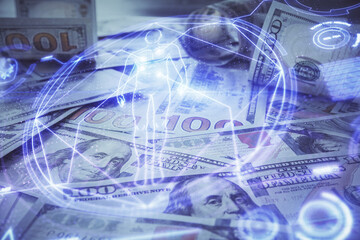 Double exposure of education theme drawing over usa dollars bill background. Concept of study.