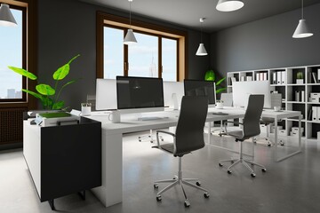 New concrete coworking office interior with city view, decorative pot tree, equipment, computer monitors and furniture. 3D Rendering.