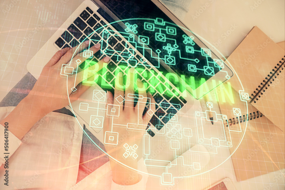 Aufkleber double exposure of woman hands working on computer and blockchain theme hologram drawing. top view. 