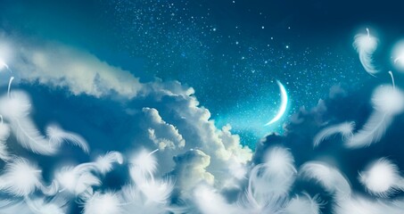 Illustration of mysterious background of blue night sky with fluffy white angel wings and colorful clouds. 
