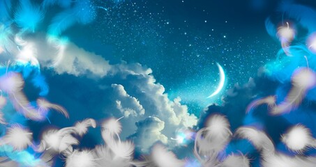 Illustration of mysterious background of blue night sky with fluffy white angel wings and colorful clouds. 