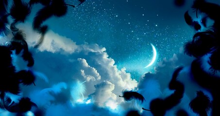 Illustration of mysterious background of blue night sky with fluffy black  devil wings and colorful clouds. 