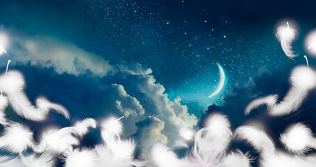 Obraz na płótnie Canvas Illustration of mysterious background of blue night sky with fluffy white angel wings and colorful clouds. 