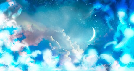 Illustration of mysterious background of blue night sky with fluffy white and blue angel wings and colorful clouds. 