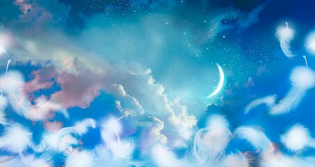 Fototapeta na wymiar Illustration of mysterious background of blue night sky with fluffy white angel wings and colorful clouds. 