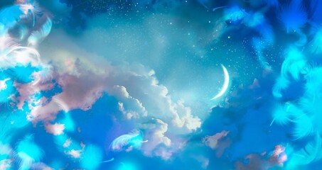 Fototapeta na wymiar Illustration of mysterious background of blue night sky with fluffy white and blue angel wings and colorful clouds. 