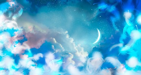 Fototapeta na wymiar Illustration of mysterious background of blue night sky with fluffy white and blue angel wings and colorful clouds. 