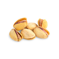 Bunch, pile or group of dried pistachio nuts or seeds roasted and salted isolated on white background usually served as snack as rich source of protein, dietary fiber, minerals and vitamins 