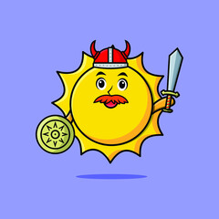 Cute cartoon character Sun viking pirate with hat and holding sword and shield in cute modern style design 