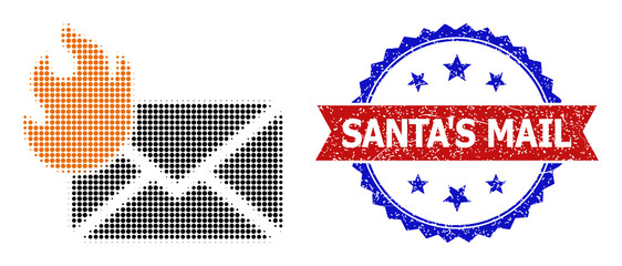 Halftone hot letter icon, and bicolor grunge Santa'S Mail watermark. Halftone hot letter icon is constructed with small circle dots. Vector imprint with grunge bicolored style,