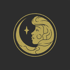 Magic woman goddess with long hair and star rounded golden frame minimalist grunge texture vector
