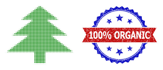 Halftone fir tree icon, and bicolor grunge 100% Organic stamp. Halftone fir tree icon is generated with small spheric points. Vector seal with grunge bicolored style,