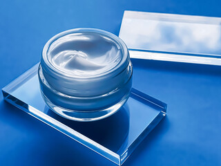 Face cream moisturiser jar on glass and blue background, beauty product and skincare, cosmetic...