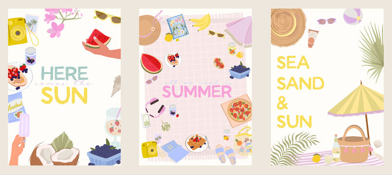 Collection of Summer Poster. Summer picnic, season food, leisure activity, summer beach activity. Illustration for banners, posters, promotion, presentation templates. Editable Vector
