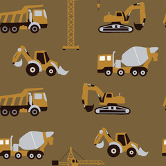 Seamless pattern with construction equipment on a brown background for boys