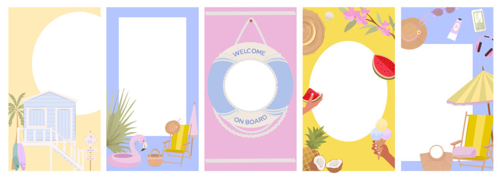 Collection of vertical template with place for photo. Summer photo frame with cute summer objects. Social media template. Editable vector illustration.