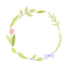 Wreath of spring elements - leaves, branches, tulip and bow. Hand drawn flat style illustration. 
