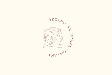 Minimalist human hand curved wildflower stem buds spring organic plant line art logo vector