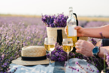 Male hands pouring white wine from a bottle into glasses on a background of a lavender field. Straw...