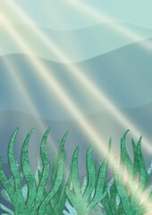 Underwater marine world illustration podwodny świat, ilustracja wodorosty, promienie słońca morze