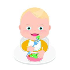 Cute little blue eyes baby boy eating vegetables with a fork, a bowl with solid food, cartoon illustration. White background.