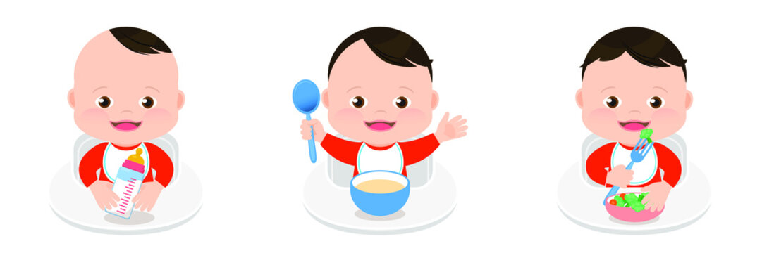 Cute little baby boy, catoon illustration. Age-by-age guide or Eating Milestones to feeding baby from a bottle milk, to Pureed food, and than to solid food.