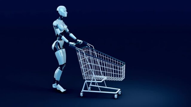 4K concept animation of a woman robot shopping
