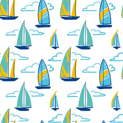 Sailboats at sea. Clouds in the sky on the ocean. Summer illustration.
Seamless pattern for fabric, wrapping, textile, wallpaper, apparel. Vector.