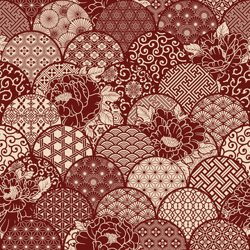 Peony flowers with traditional Japanese fabric motifs patchwork vector seamless pattern