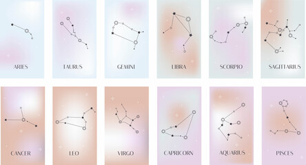 Set of vector universal gradient backgrounds. Horoscope cards with constellation stars,. Design for social media, story, card, invitation, feed post.