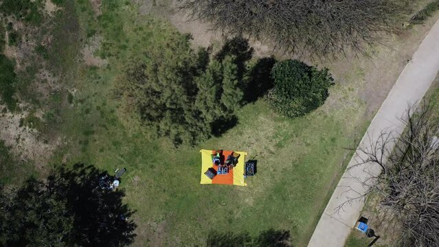 people enjoying leisure time in a green park with grass and trees. Some are sitting on a picnic blanket while others are walking in the sun and fresh air. Seen from top down zoom out drone shot.