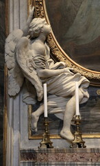 Santa Maria Maggiore Basilica Altar Detail with Sculpted Angel and Candle Holders in Rome, Italy