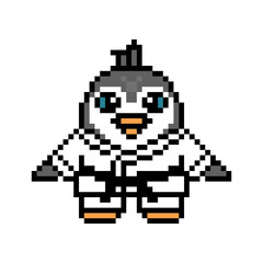 Fototapeta premium Penguin in a karate costume (Karategi), cute pixel art animal character isolated on white background. Cartoon martial art mascot. Fight sport bird in Judo uniform (Judogi). 8 bit video game graphics.