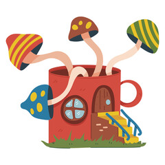 Mug fairy house for gnome and elf vector cartoon illustration isolated on background.